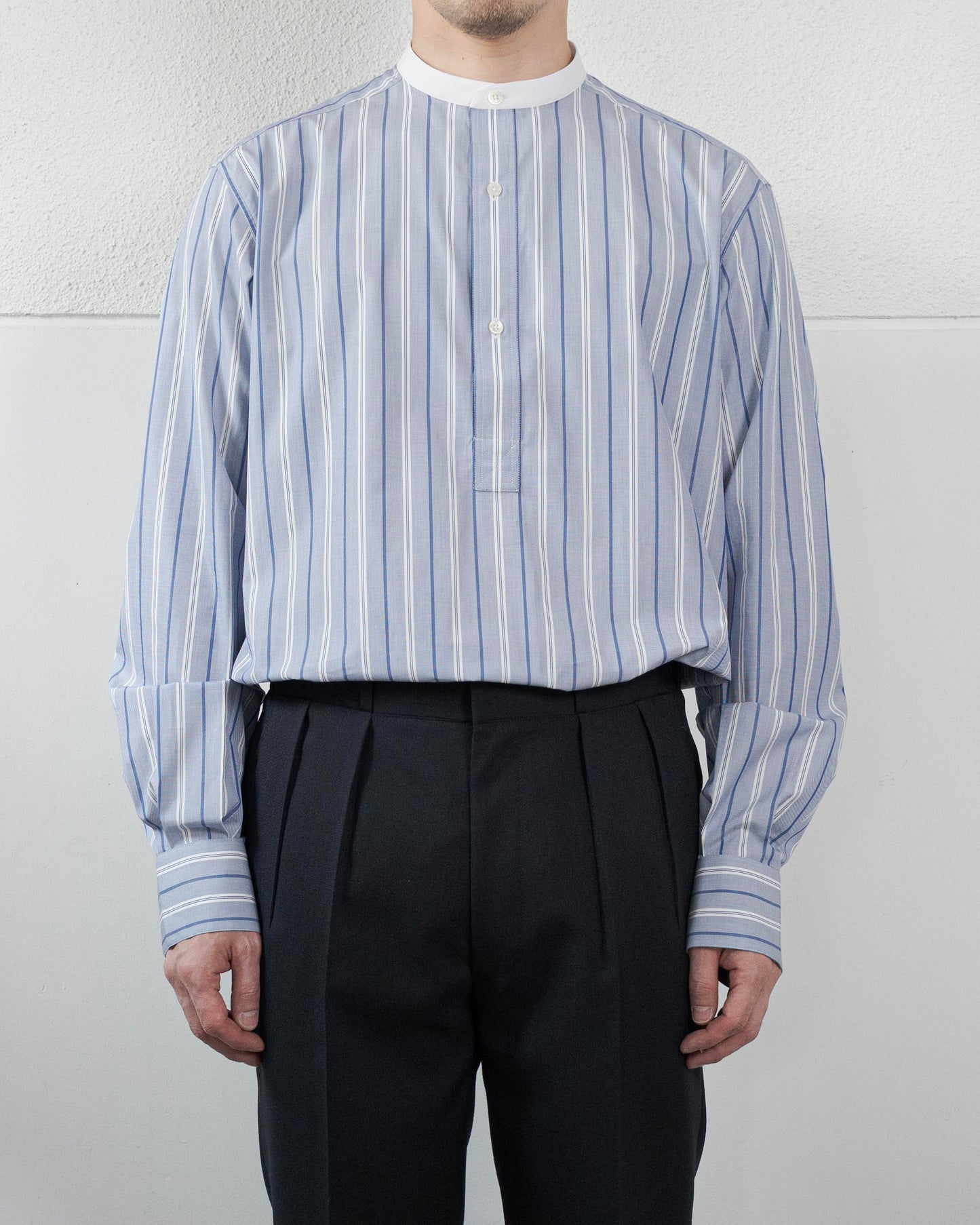 CHEMISE STRIPE BAND COLLAR PULLOVER SHIRT